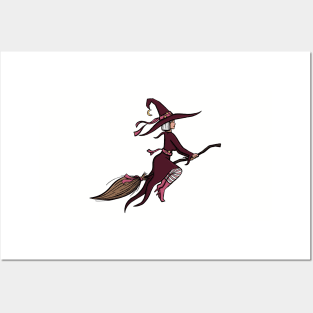 Hot witch modern and stylish purple and pink witch on her broomstick cute cartoon digital illustration Posters and Art